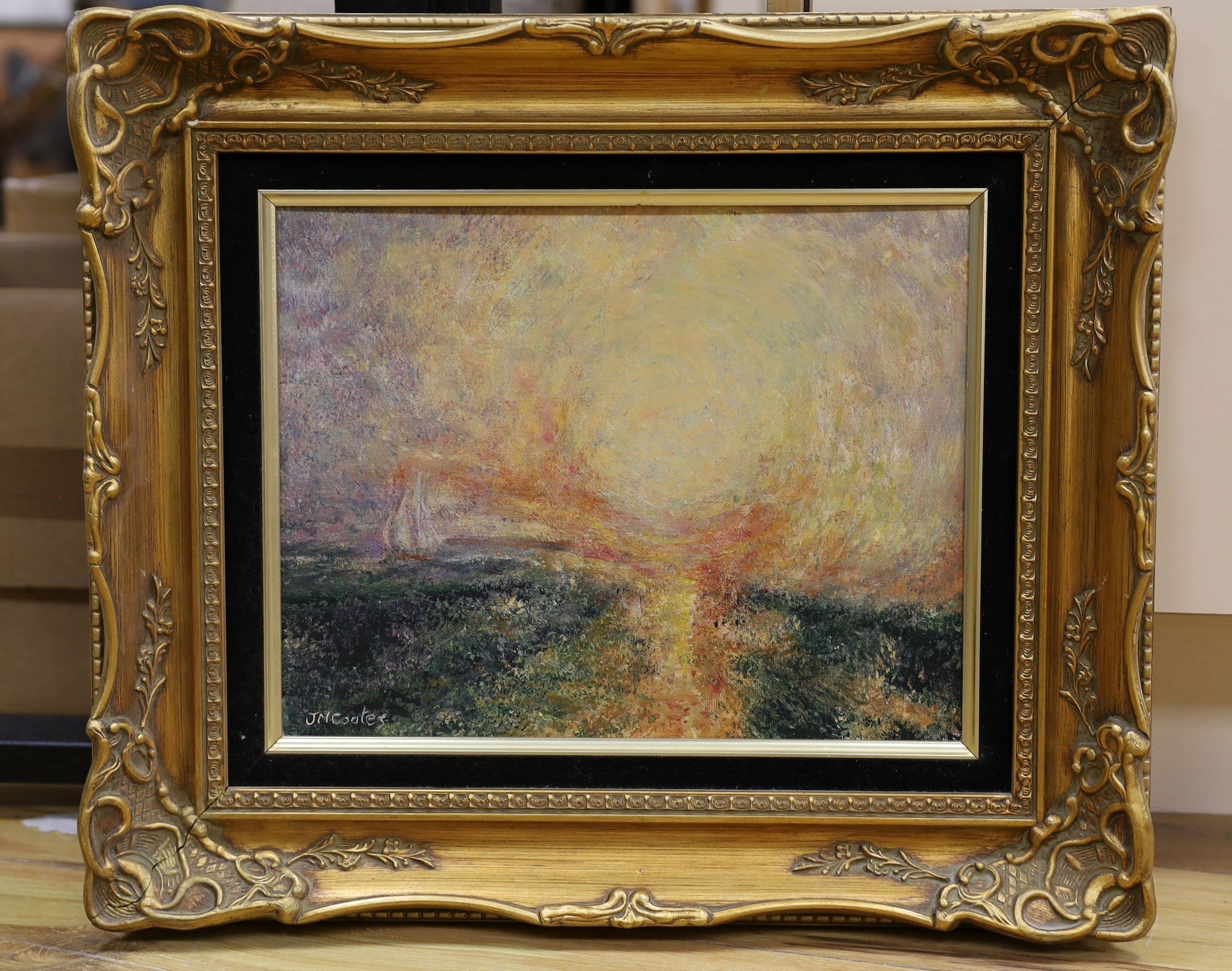 J.M. Coates after Turner, oil on board, Sunrise over the sea, signed, 27 x 35cm